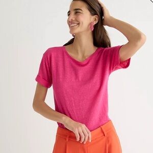 J. Crew Womens Linen Roll-Cuff Crew Neck 
T-Shirt Festive Pink Sz Small Coastal